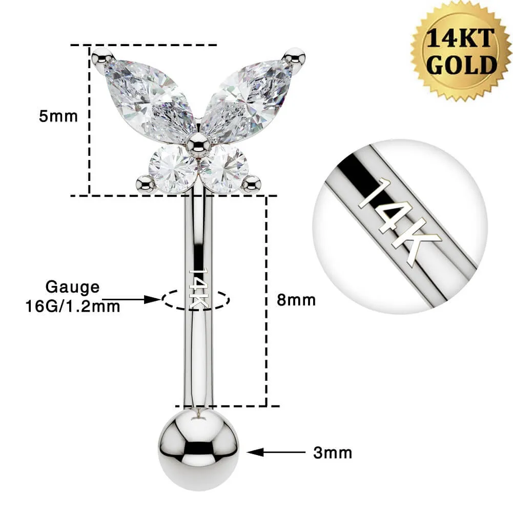 14K Solid White Gold Butterfly Rook Earring 16G CZ Eyebrow Ring