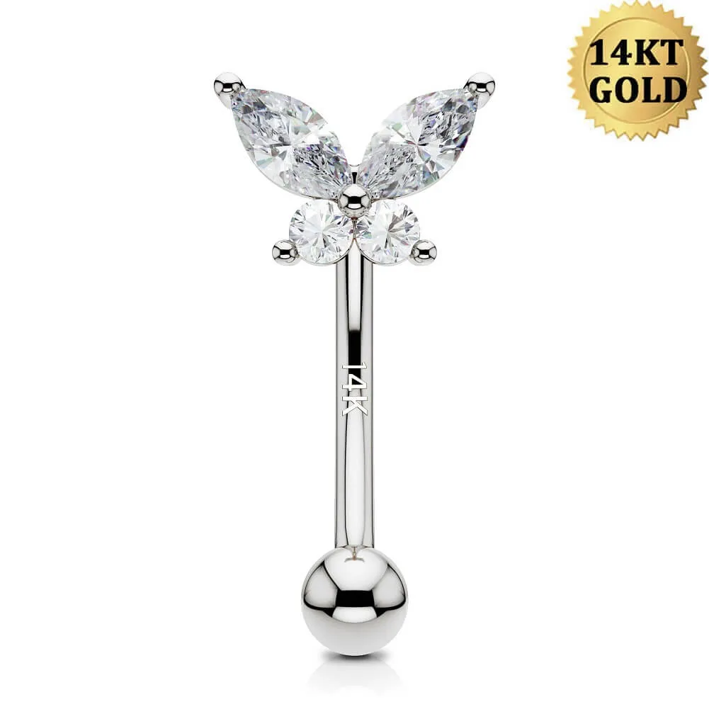 14K Solid White Gold Butterfly Rook Earring 16G CZ Eyebrow Ring