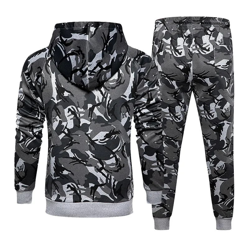 2 Piece Camouflage Sweatshirts Jacket   Pants Sets Camo Men Tracksuit Hooded Outerwear Hoodie Set