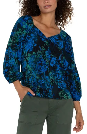 3/4 SLEEVE SWEETHEART NECK WOVEN BLOUSE