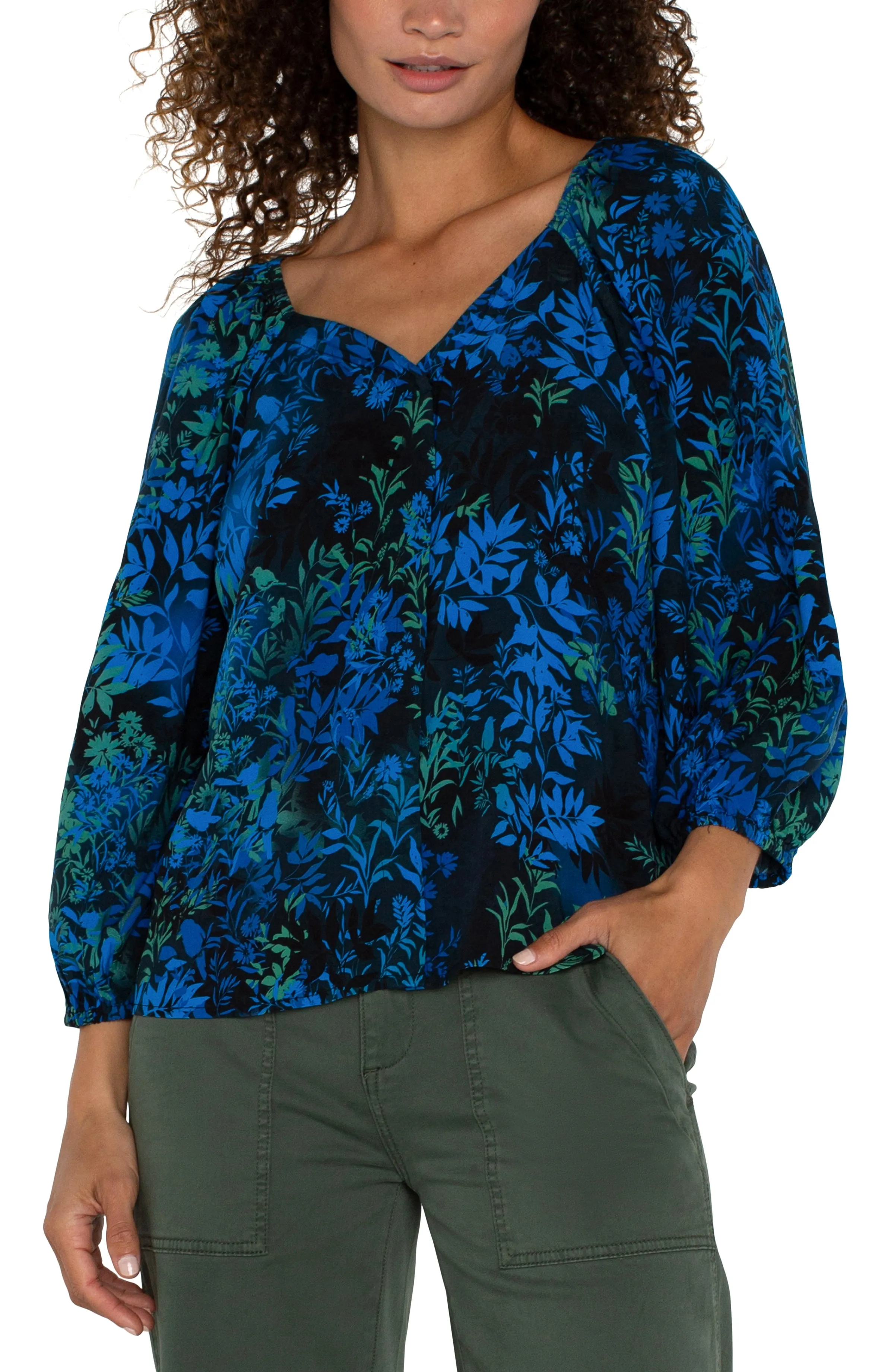 3/4 SLEEVE SWEETHEART NECK WOVEN BLOUSE