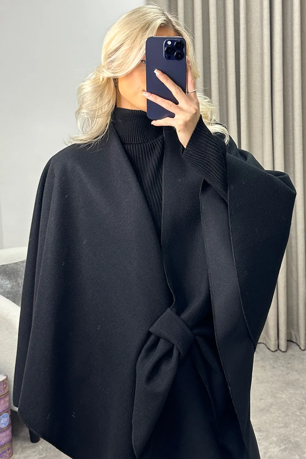 Andra Black Wool Look Pull Through Cape