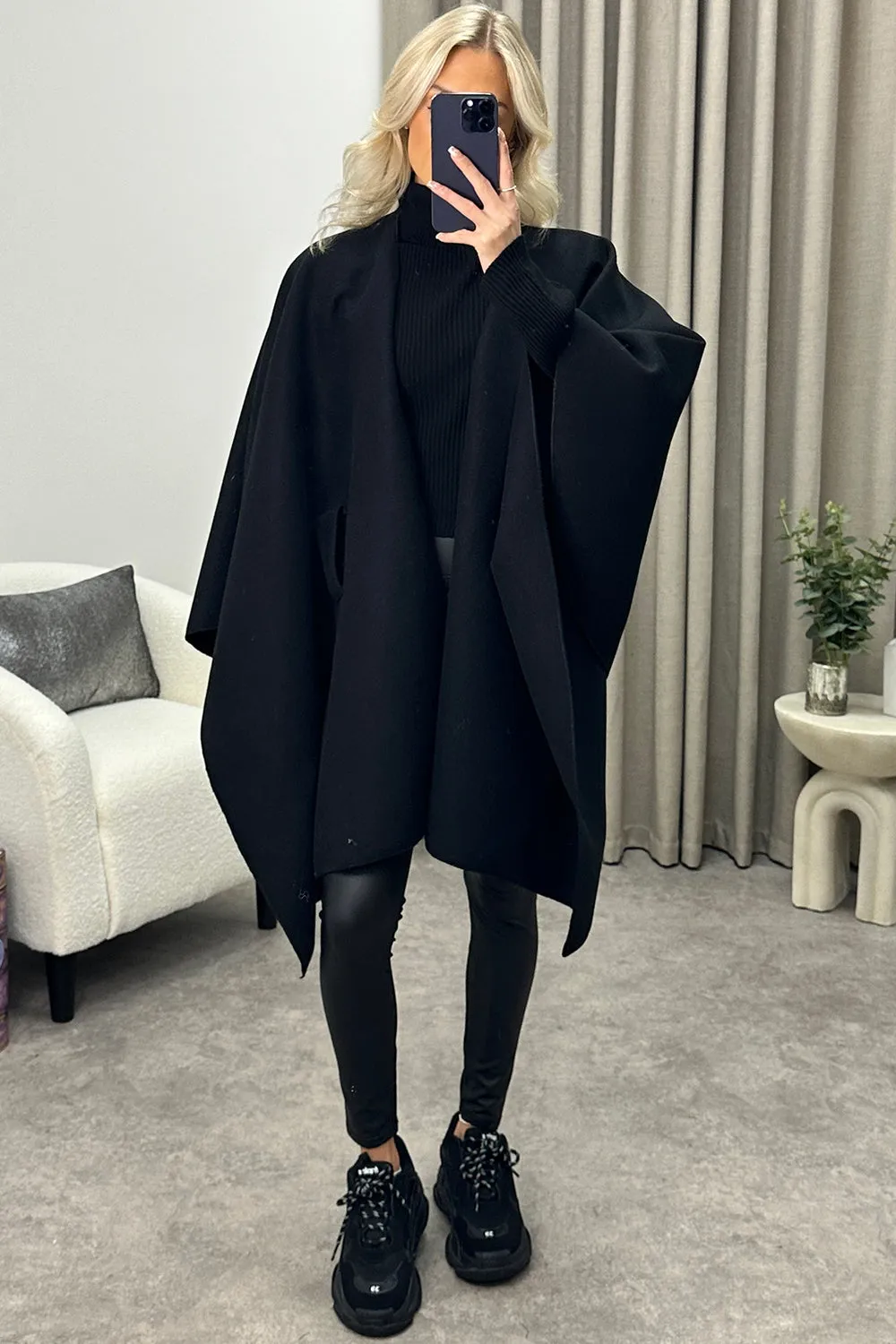 Andra Black Wool Look Pull Through Cape