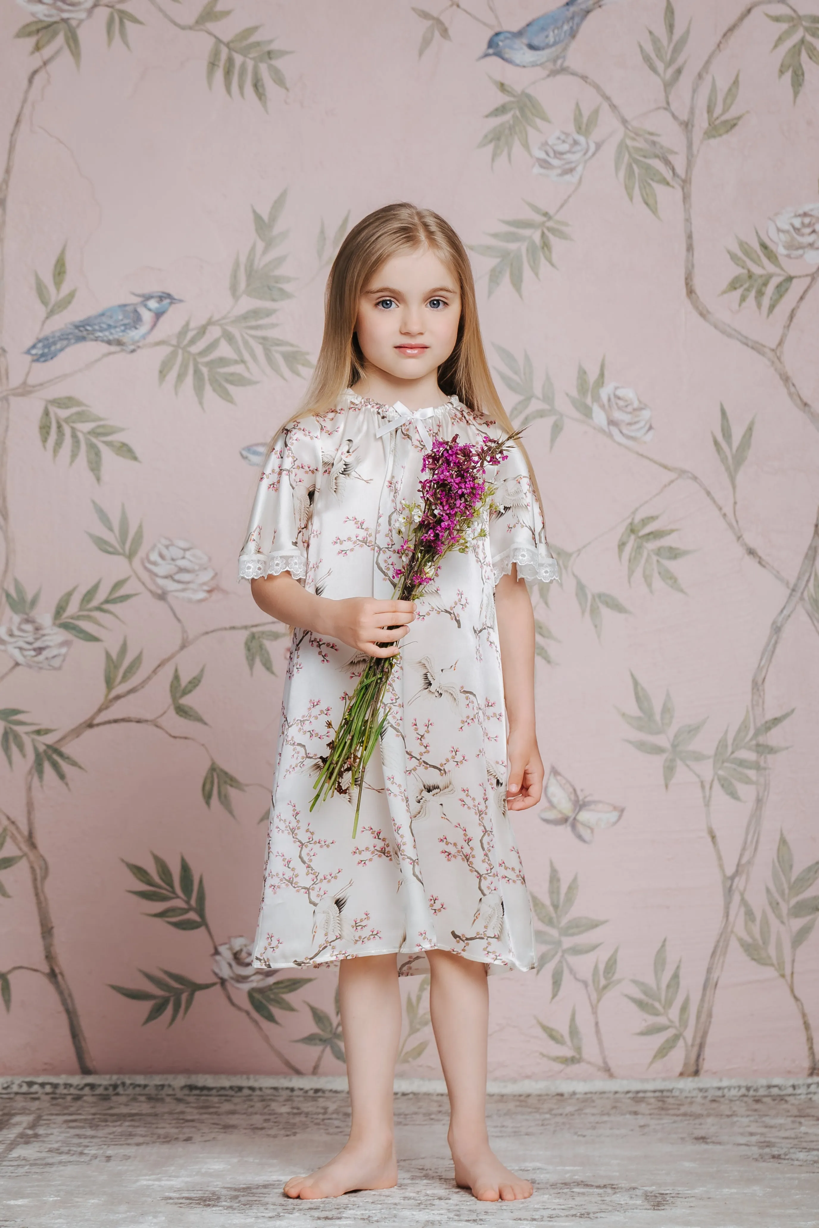 ANTONIA - GIRLS’ SILK NIGHTDRESS IVORY BIRDS