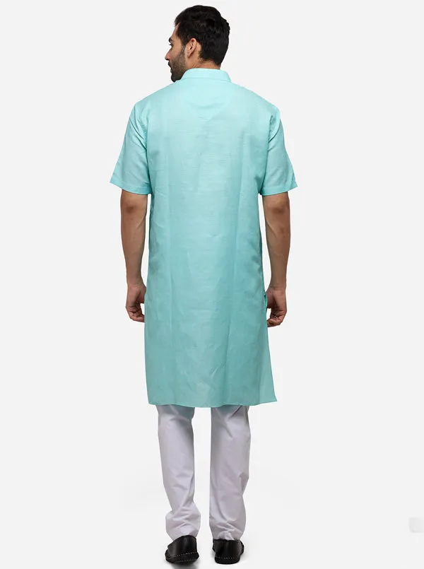 Aqua Blue Self Textured Regular Fit Modi Kurta | JadeBlue