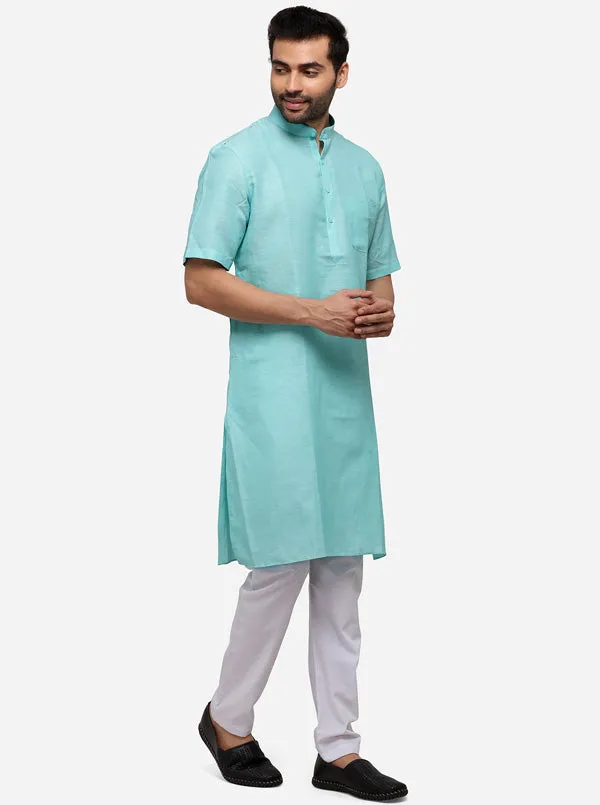 Aqua Blue Self Textured Regular Fit Modi Kurta | JadeBlue