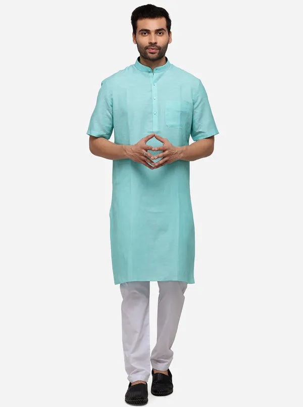 Aqua Blue Self Textured Regular Fit Modi Kurta | JadeBlue