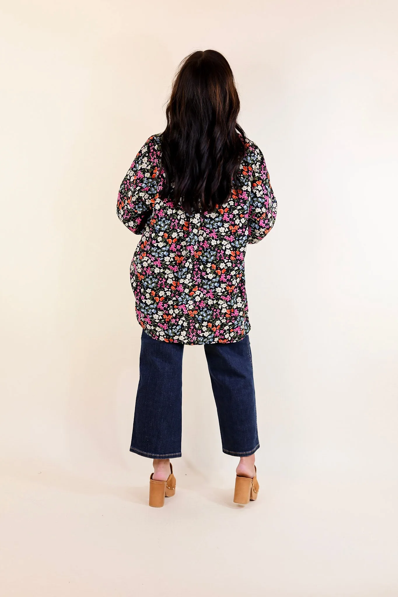 Autumn Bloom Floral Print Long Sleeve Button Up Top in Black