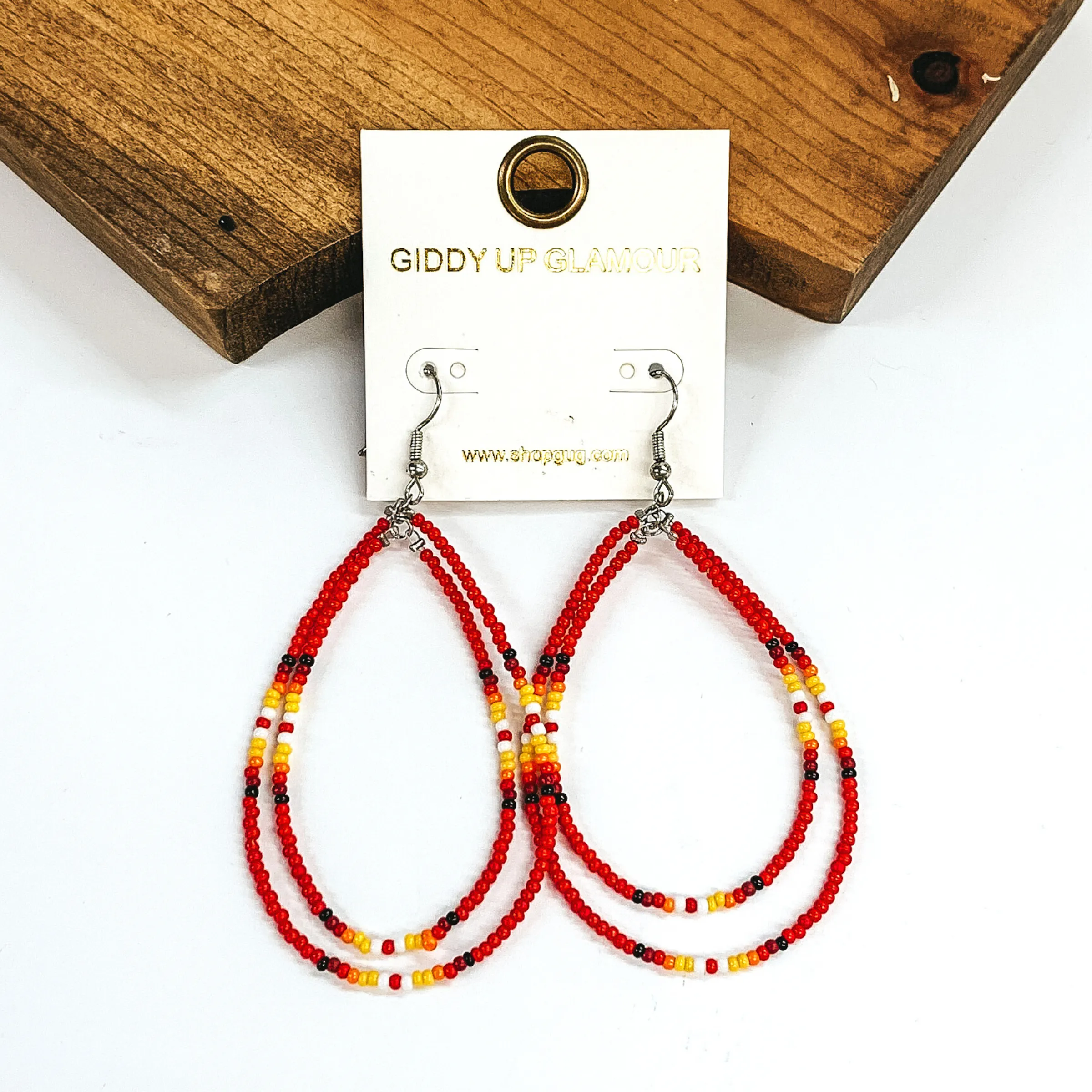 Aztec Seed Beaded Teardrop Earrings in Red