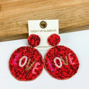 Beaded Circle Earrings with LOVE in Red Mix