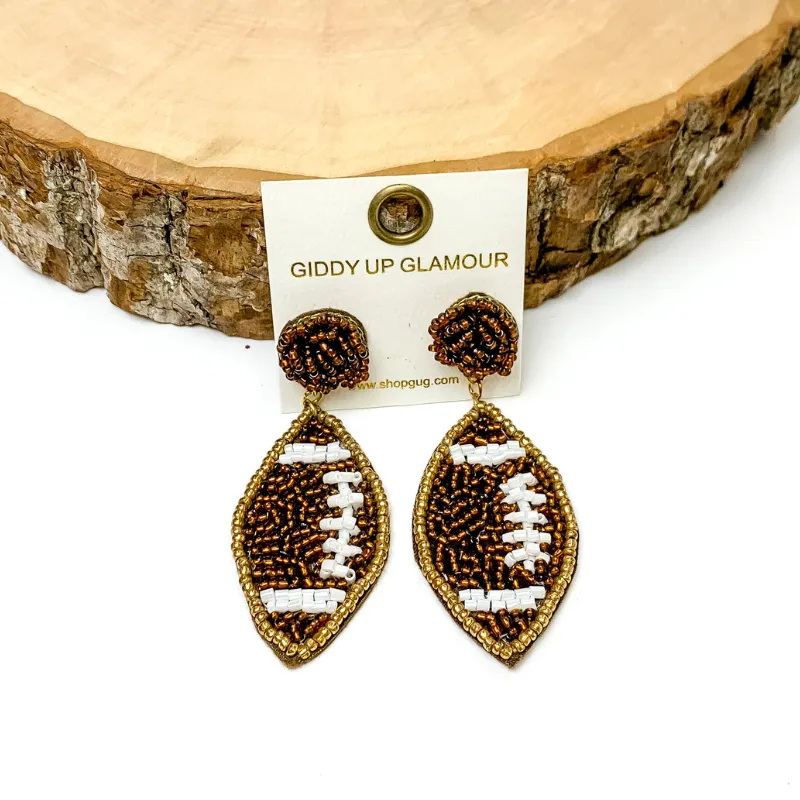 Beaded Football Earrings in Brown and White