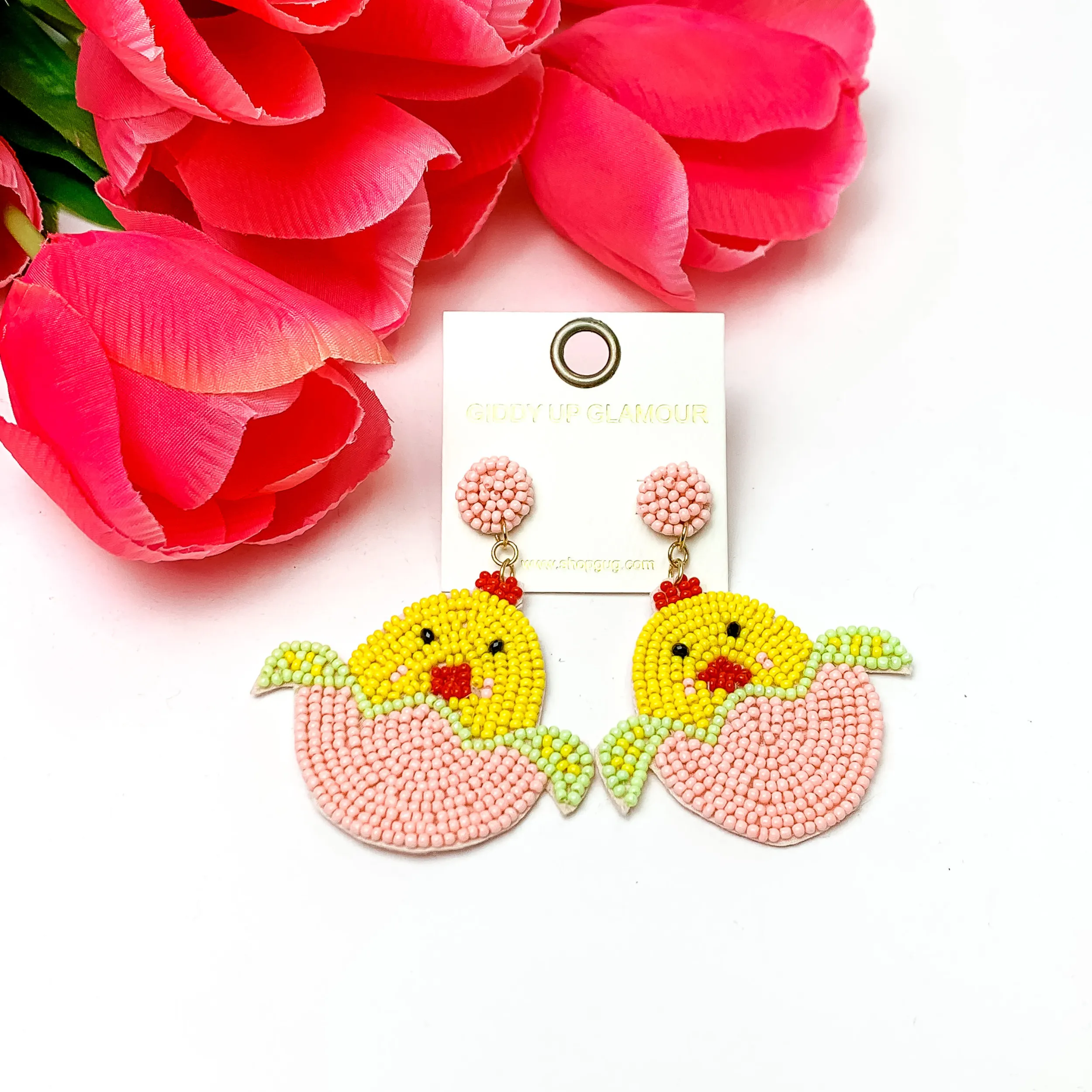 Beaded Hatching Chick Easter Earrings in Light Pink