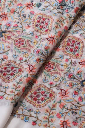 Beautiful Floral Heavy Embroidery On White Viscose Georgette Fabric