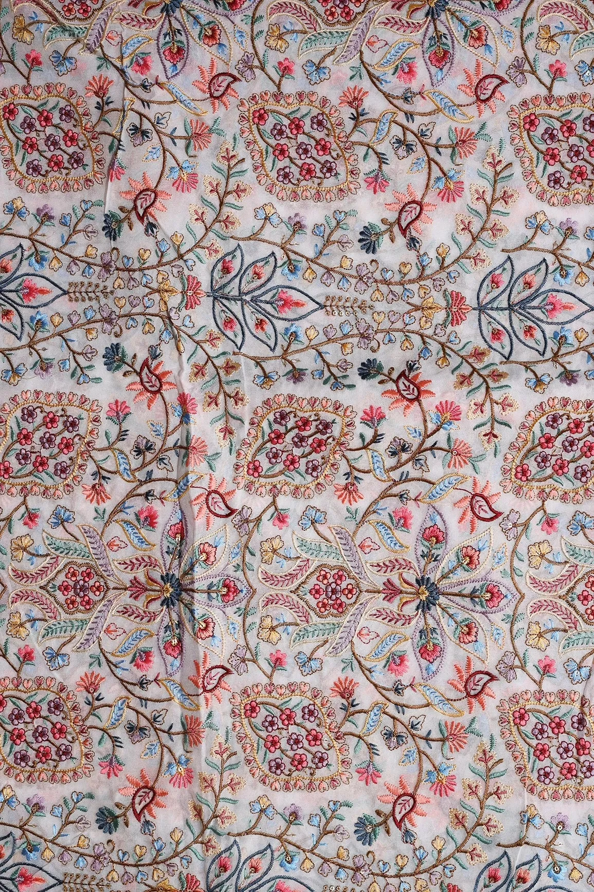 Beautiful Floral Heavy Embroidery On White Viscose Georgette Fabric