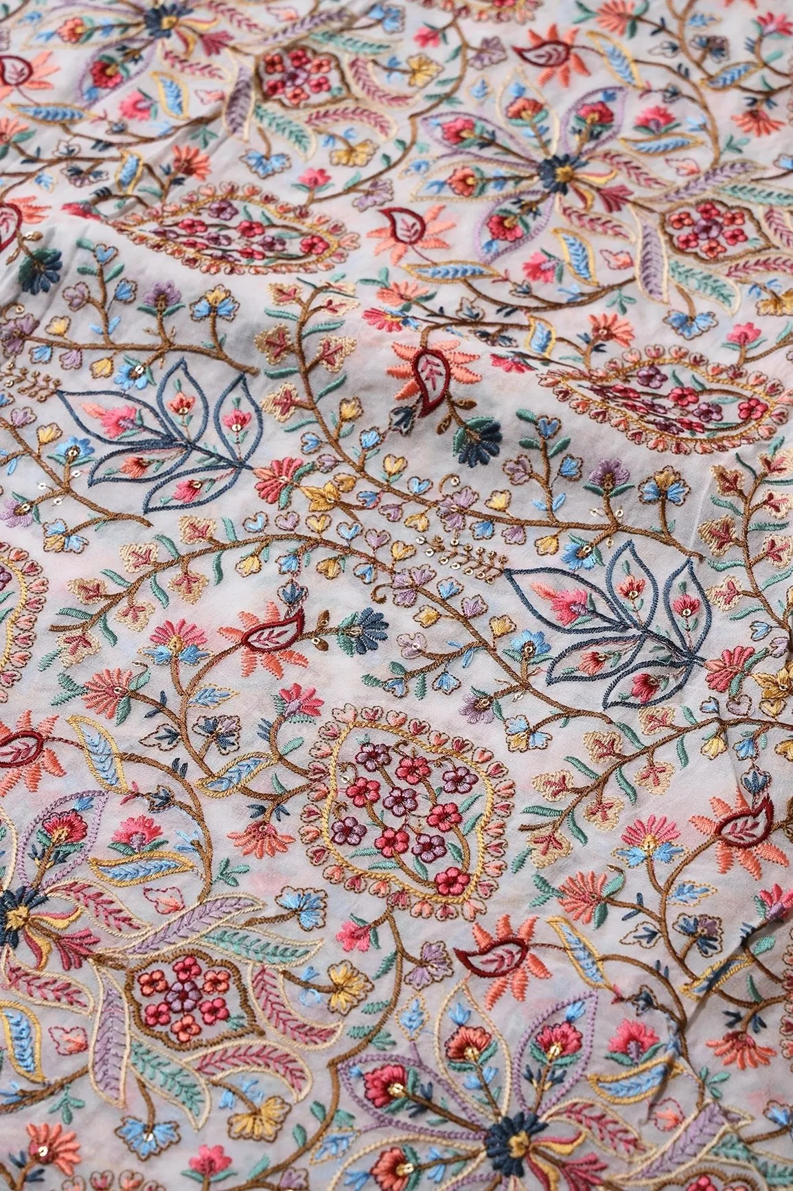 Beautiful Floral Heavy Embroidery On White Viscose Georgette Fabric