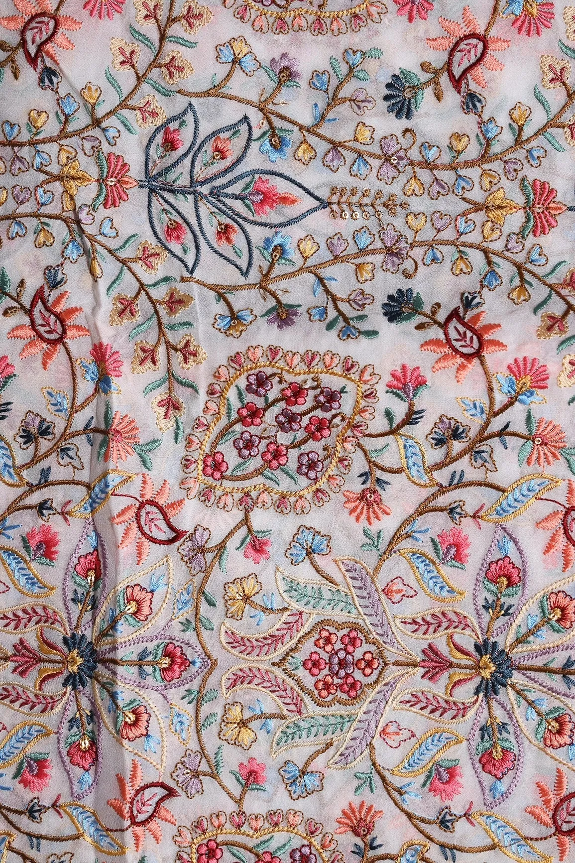 Beautiful Floral Heavy Embroidery On White Viscose Georgette Fabric