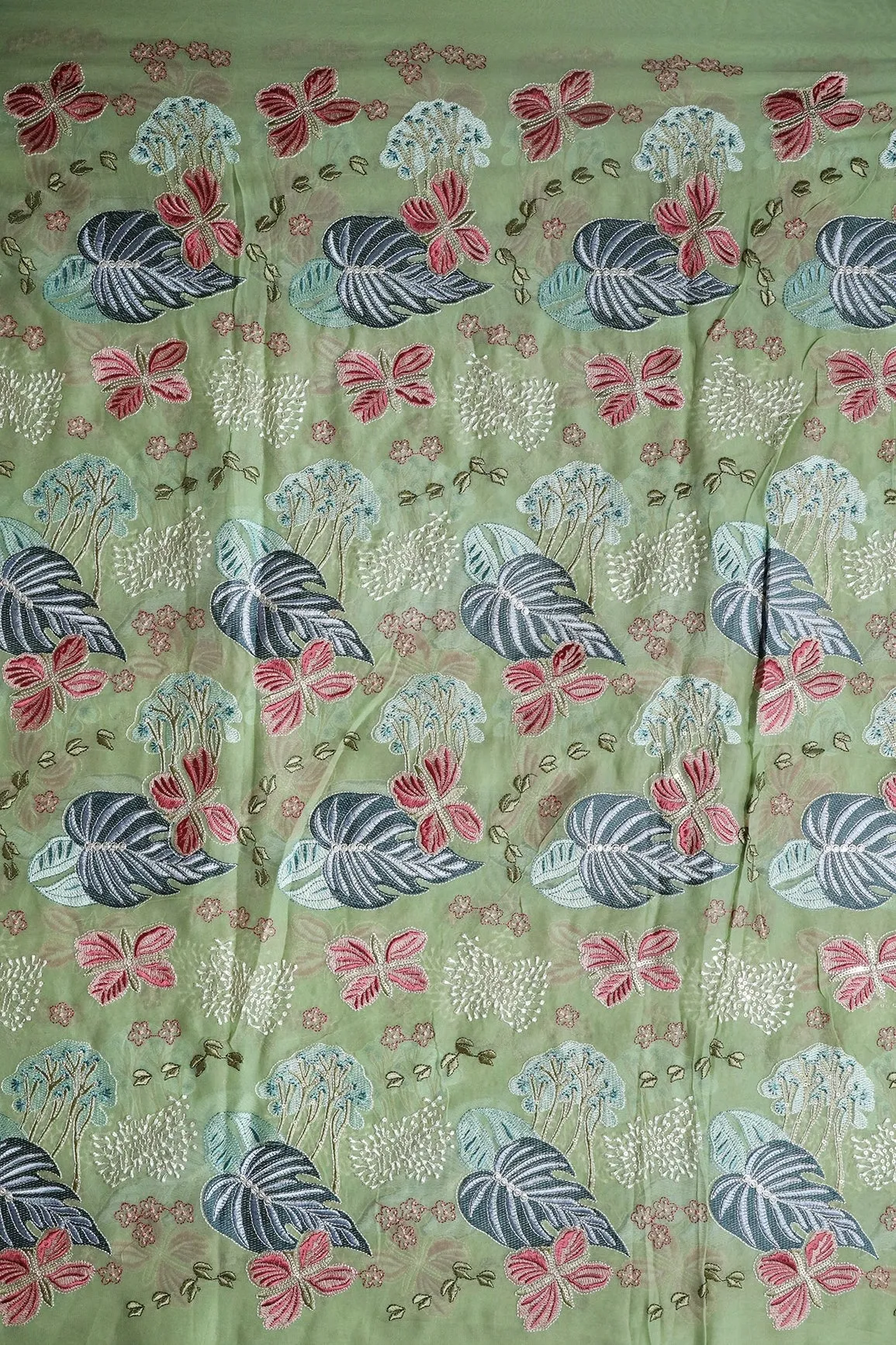 Beautiful Floral Heavy Embroidery With Sequins On Olive Viscose Georgette Fabric