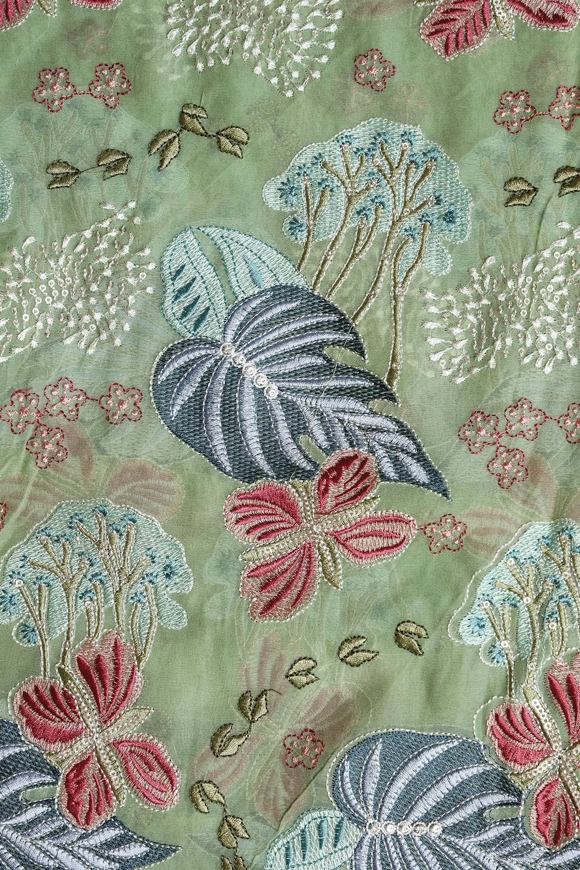 Beautiful Floral Heavy Embroidery With Sequins On Olive Viscose Georgette Fabric