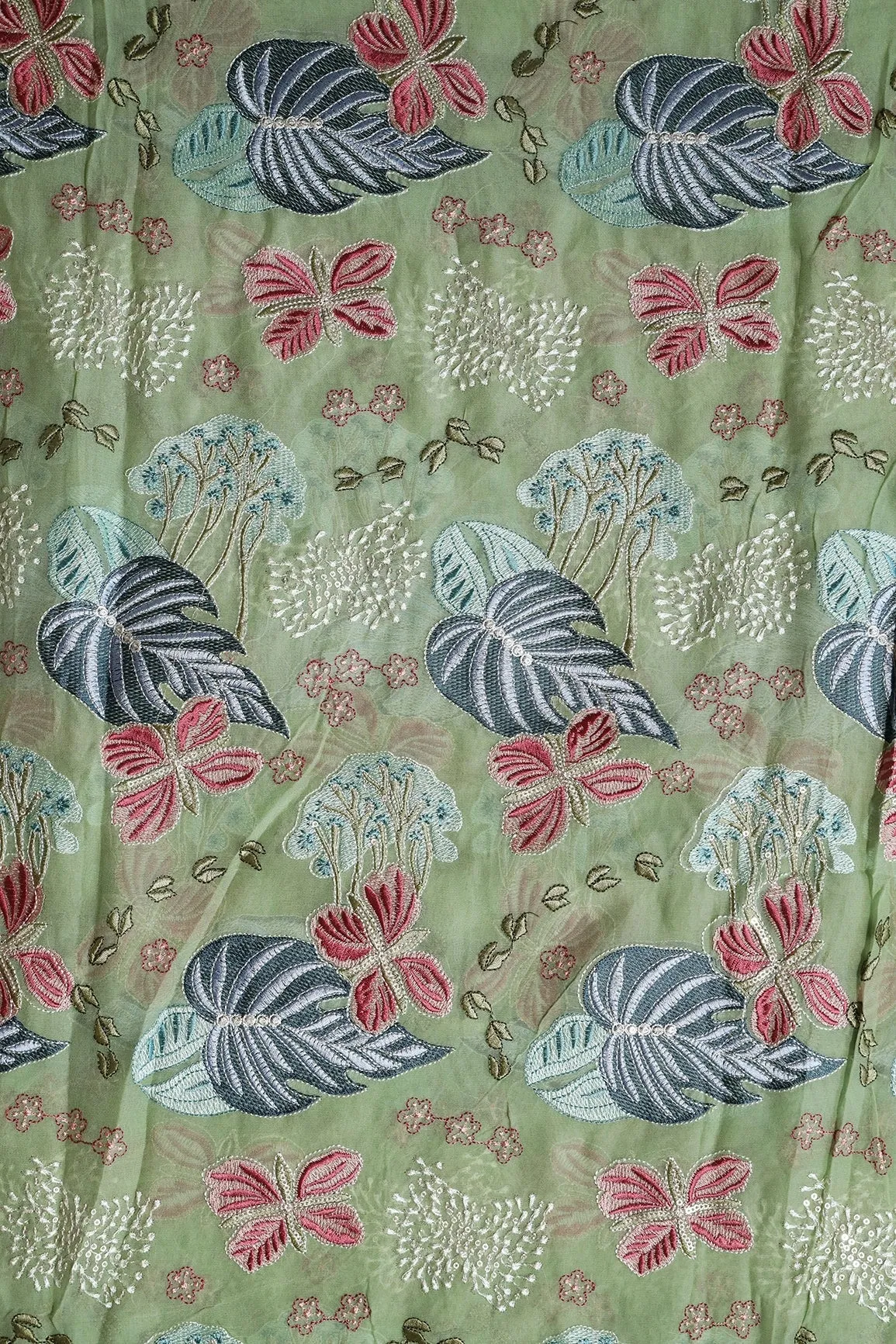 Beautiful Floral Heavy Embroidery With Sequins On Olive Viscose Georgette Fabric