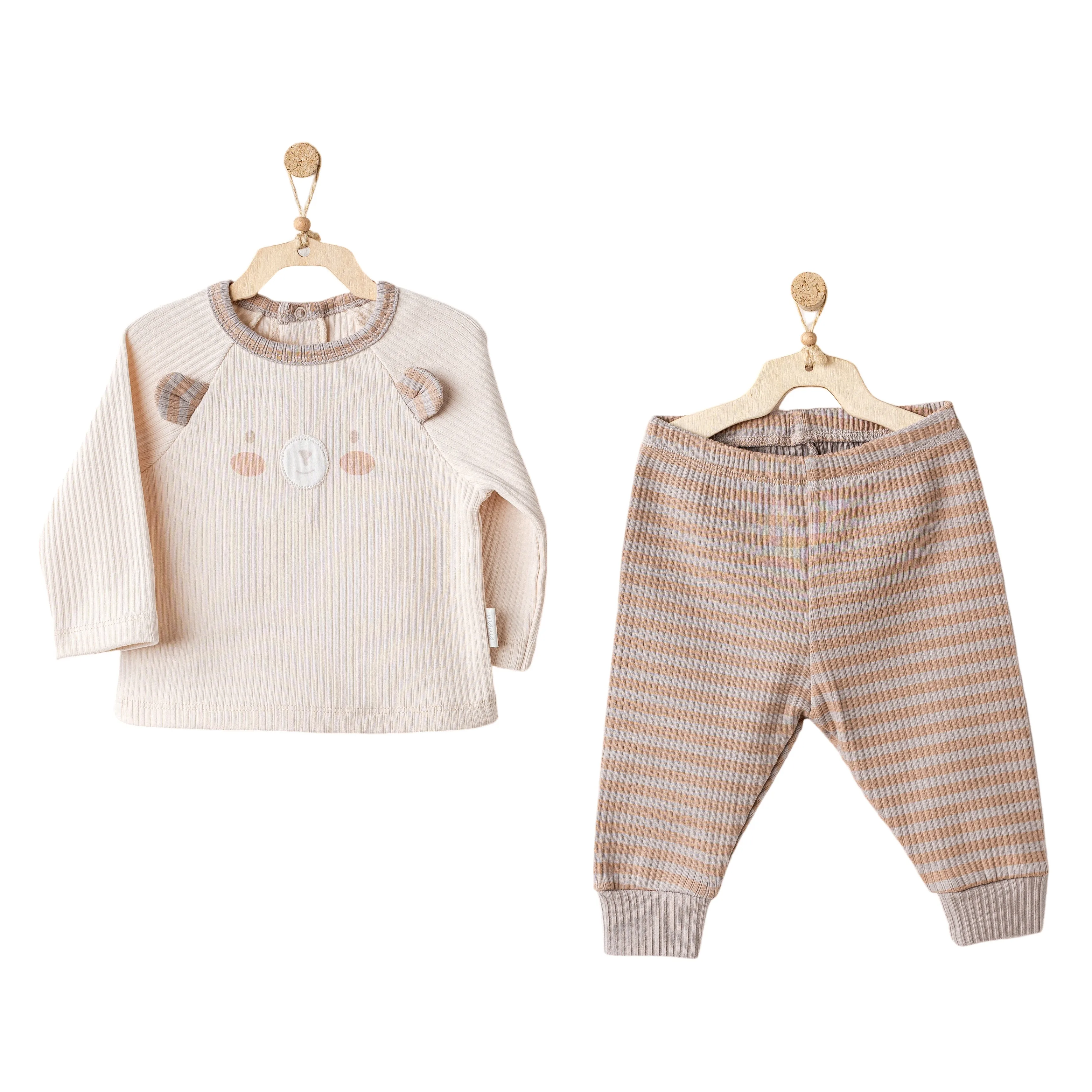 Beige Bear Striped Graphic Outfit