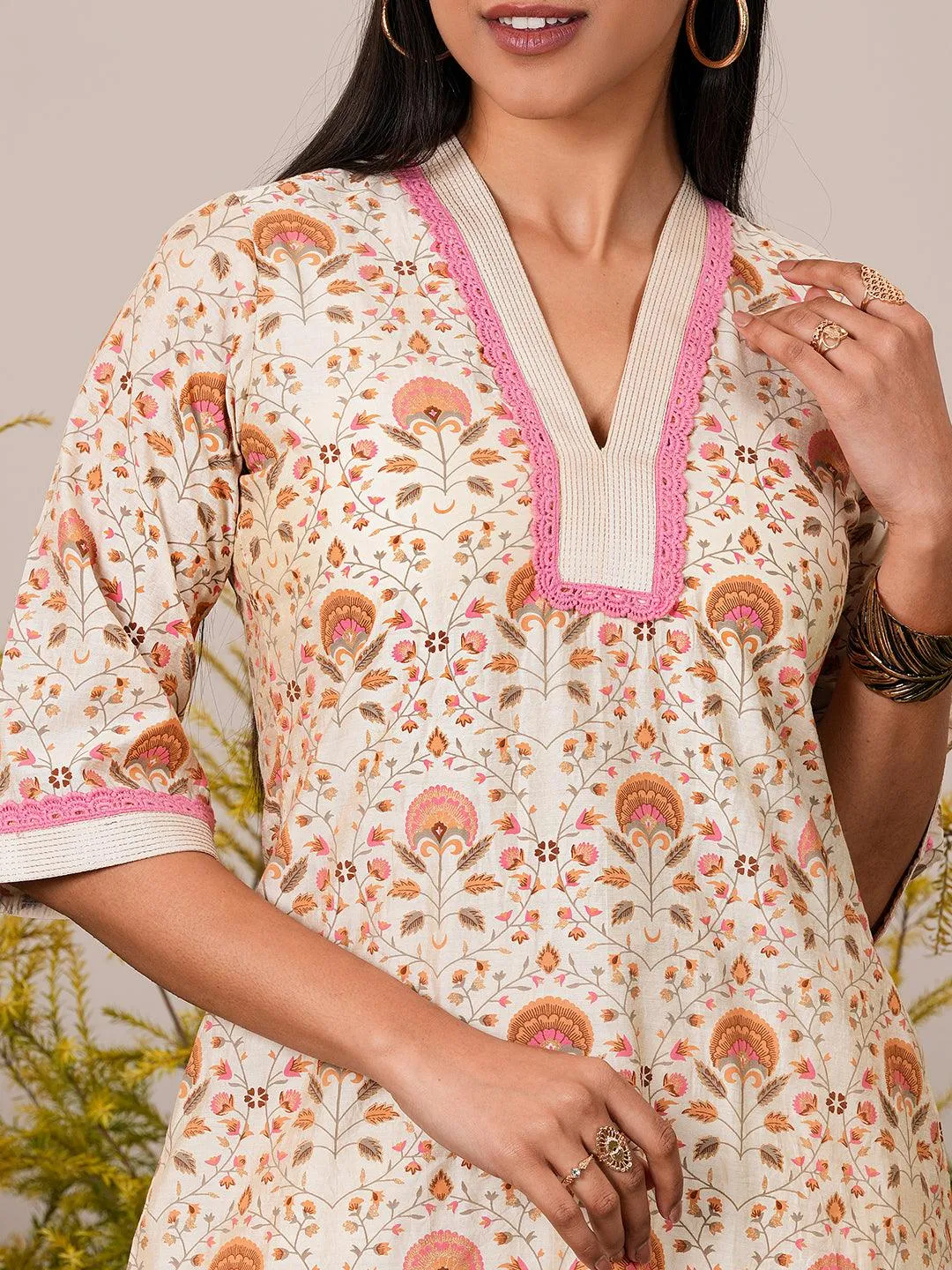 Beige Printed Chanderi Silk A-Line Kurta With Palazzos