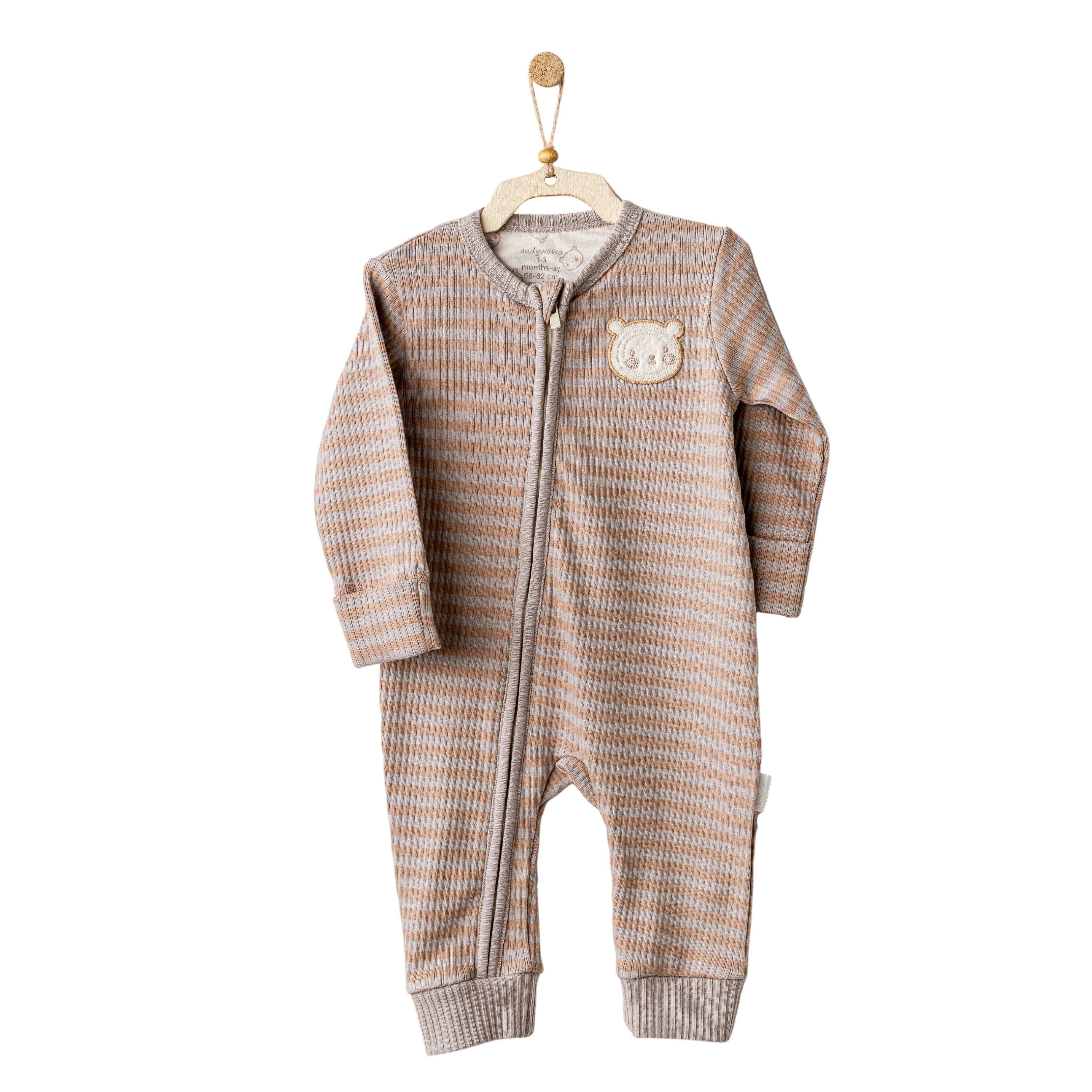 Beige Striped Bear Zip Romper