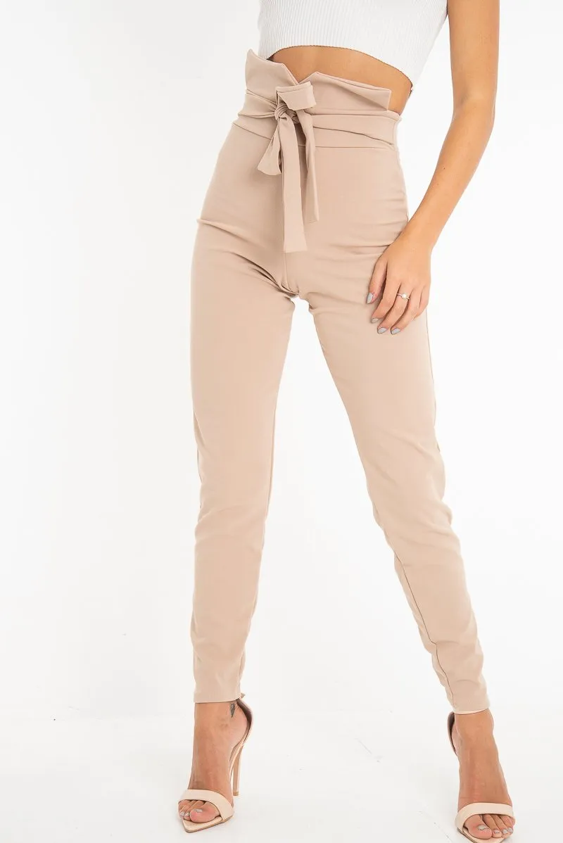 Beige Tie Front Crepe Cigarette Trousers - Ryanne