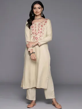 Beige Yoke Design Wool Blend Straight Kurta Set