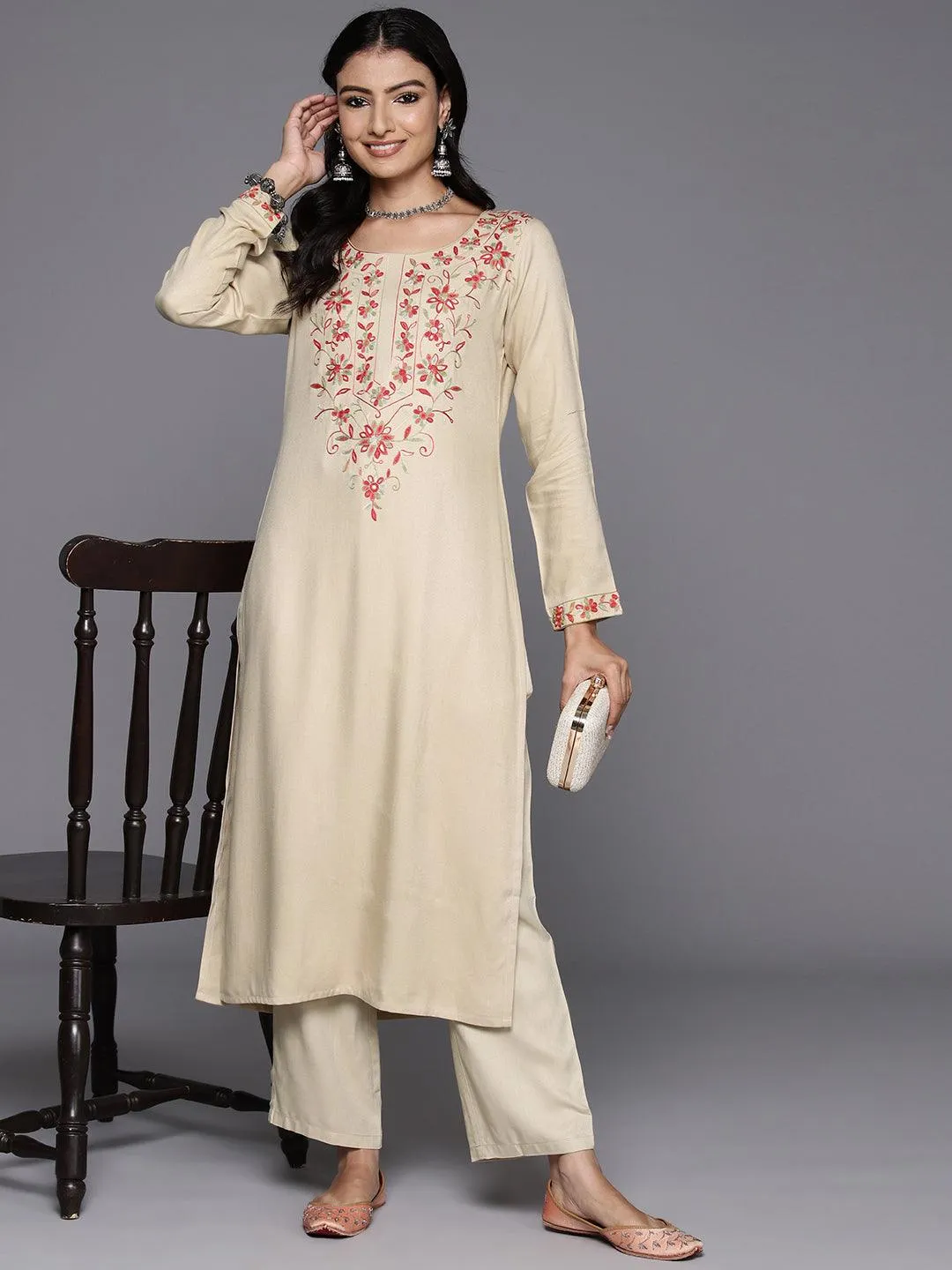 Beige Yoke Design Wool Blend Straight Kurta Set