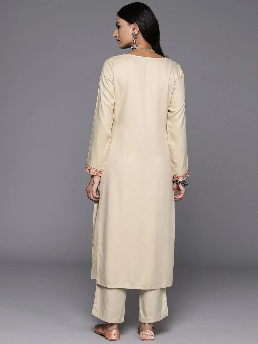 Beige Yoke Design Wool Blend Straight Kurta Set