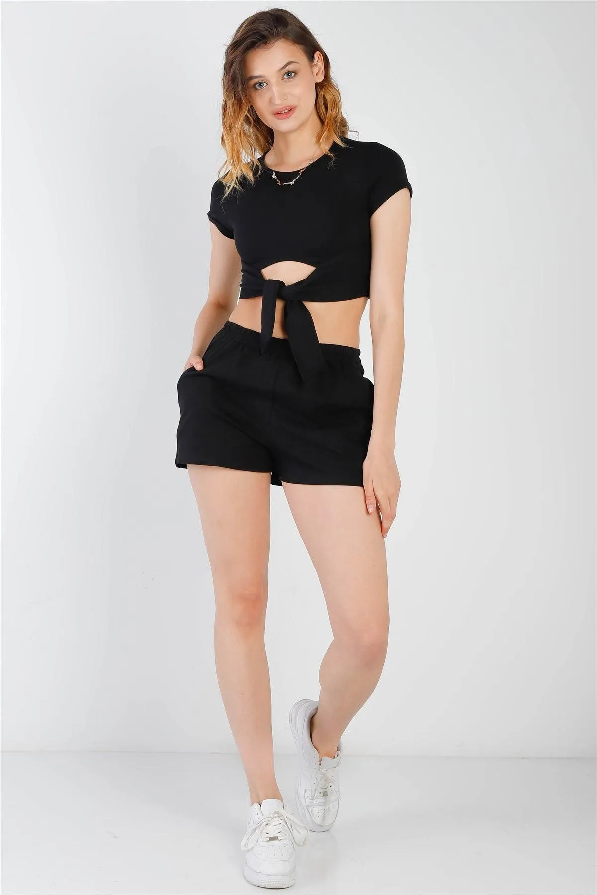 Black Cut-Out Detail Self-Tie Hem Short Sleeve Crop Top & High Waist Short Set /2-2-1