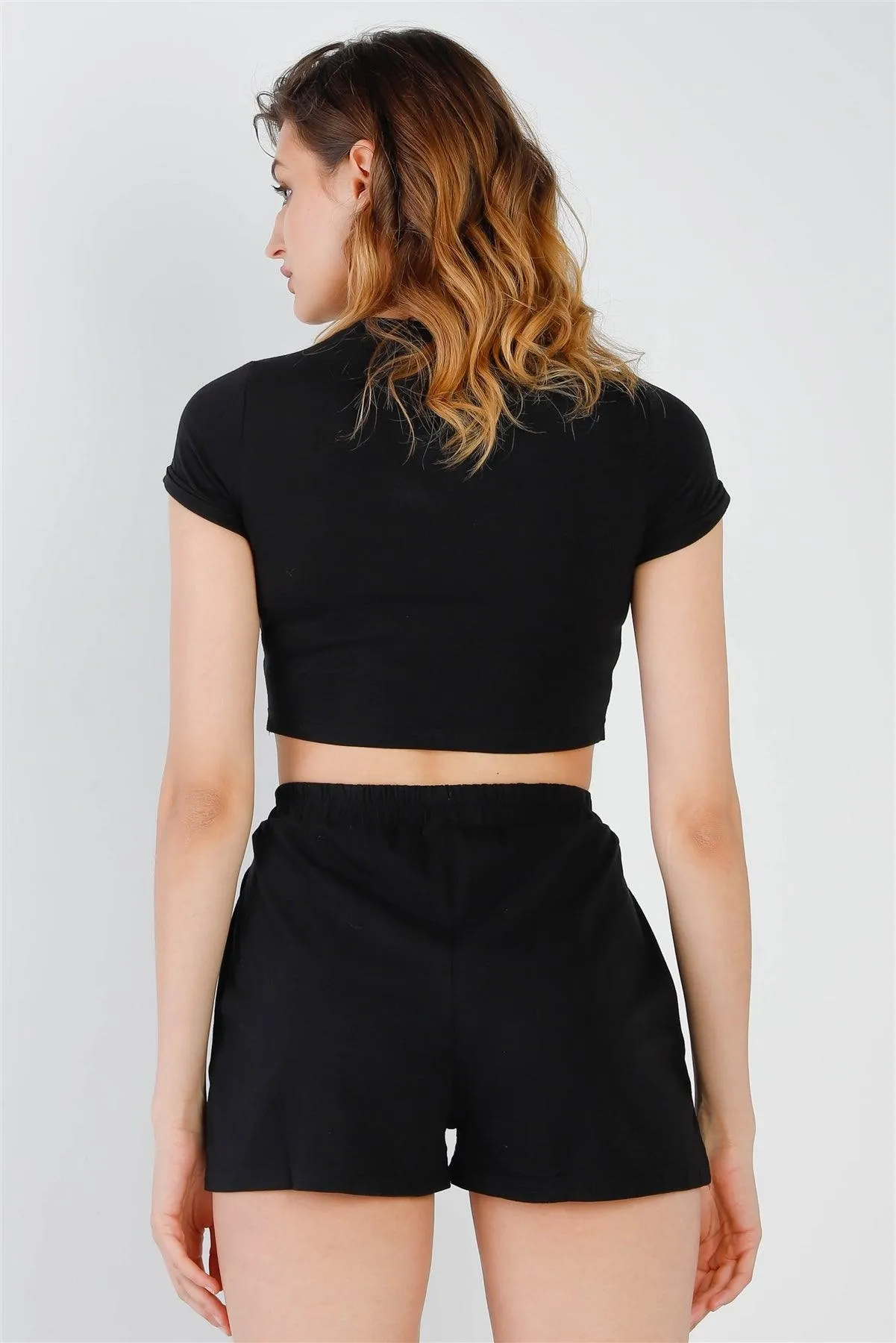 Black Cut-Out Detail Self-Tie Hem Short Sleeve Crop Top & High Waist Short Set /2-2-1