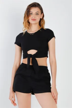 Black Cut-Out Detail Self-Tie Hem Short Sleeve Crop Top & High Waist Short Set /2-2-1