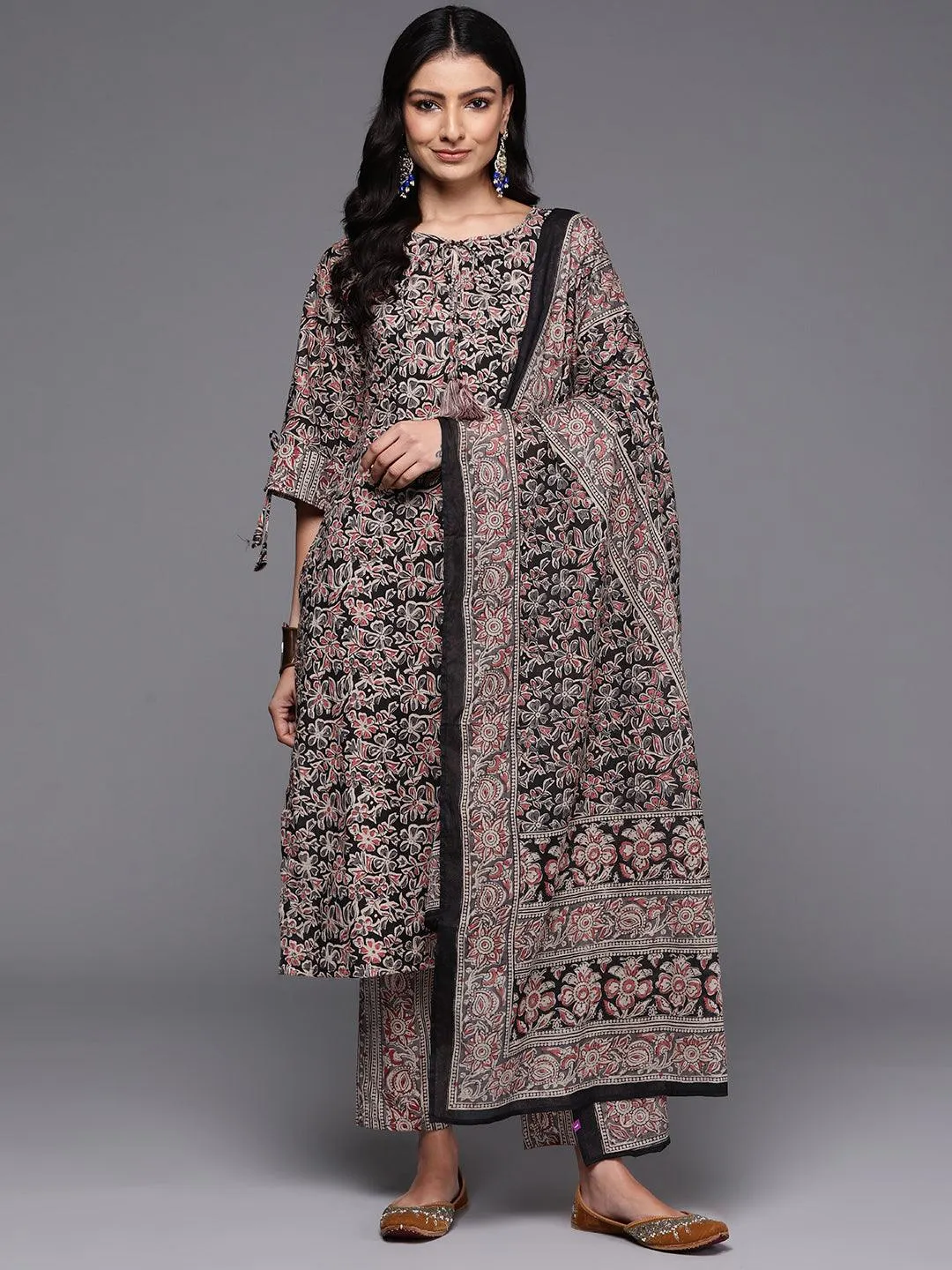 Black Printed Cotton Straight Suit With Dupatta