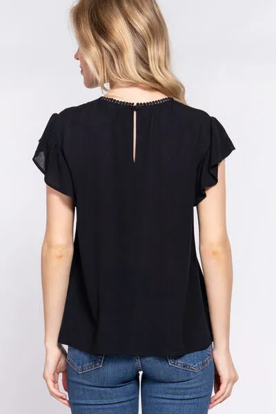 Black Ruffle Short Sleeve Crochet Blouse (Online Exclusive)