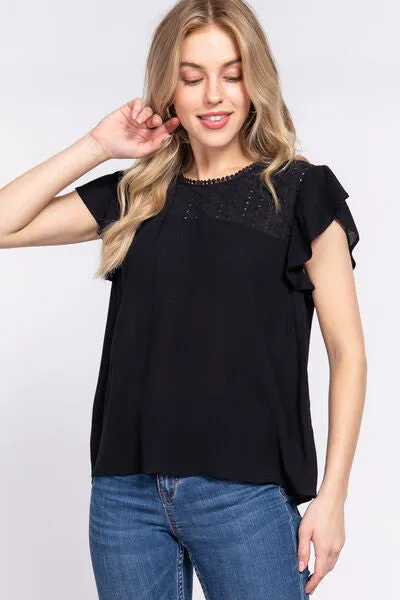 Black Ruffle Short Sleeve Crochet Blouse (Online Exclusive)