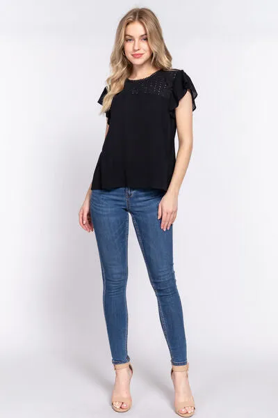 Black Ruffle Short Sleeve Crochet Blouse (Online Exclusive)