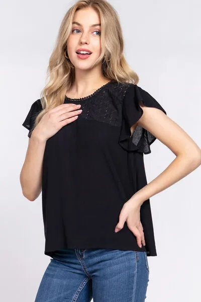 Black Ruffle Short Sleeve Crochet Blouse (Online Exclusive)