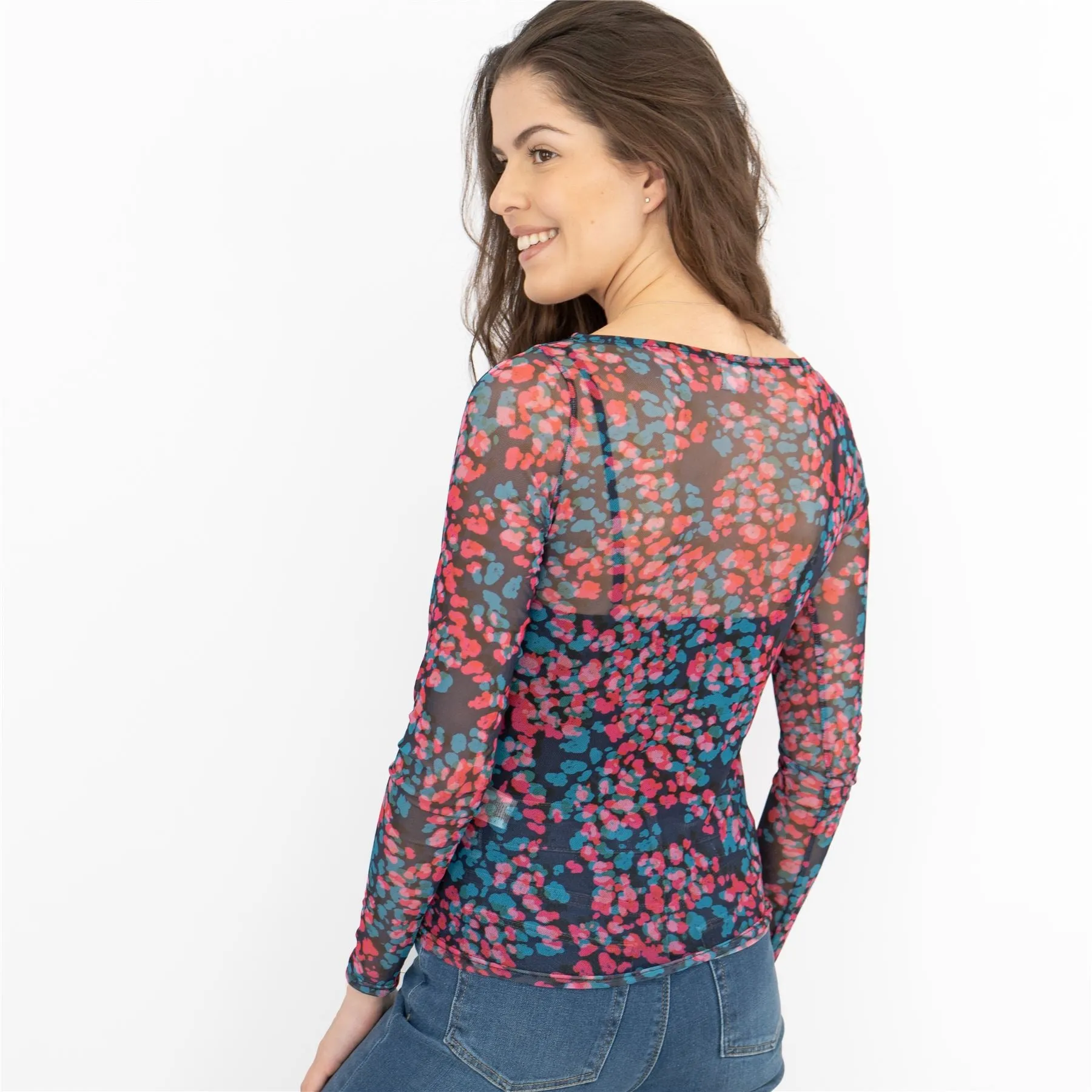 Coast Floral Long Sleeve Boat Neck Mesh Tops