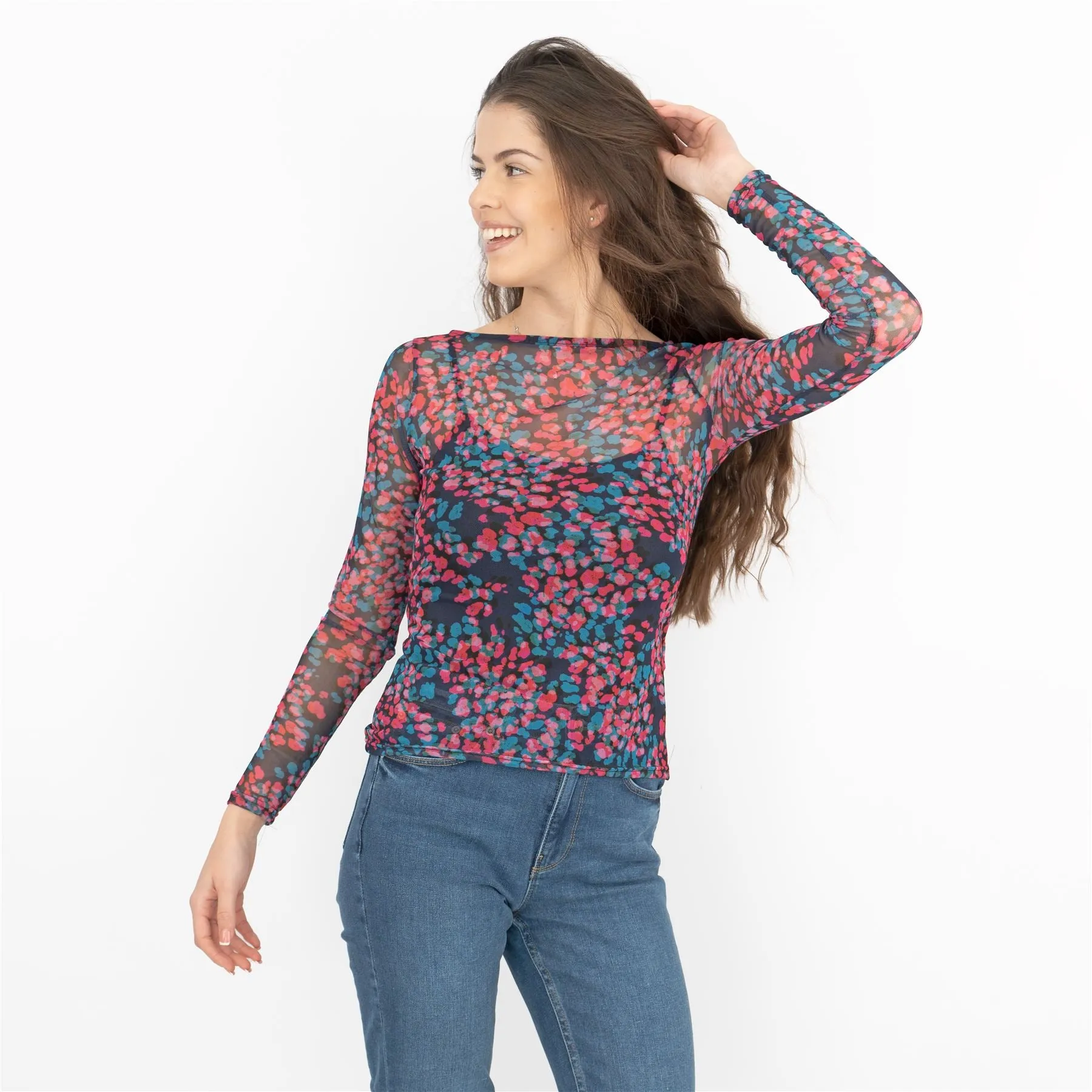 Coast Floral Long Sleeve Boat Neck Mesh Tops