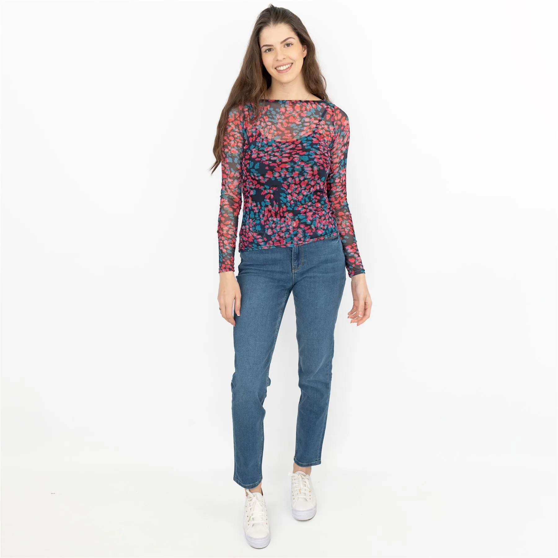 Coast Floral Long Sleeve Boat Neck Mesh Tops