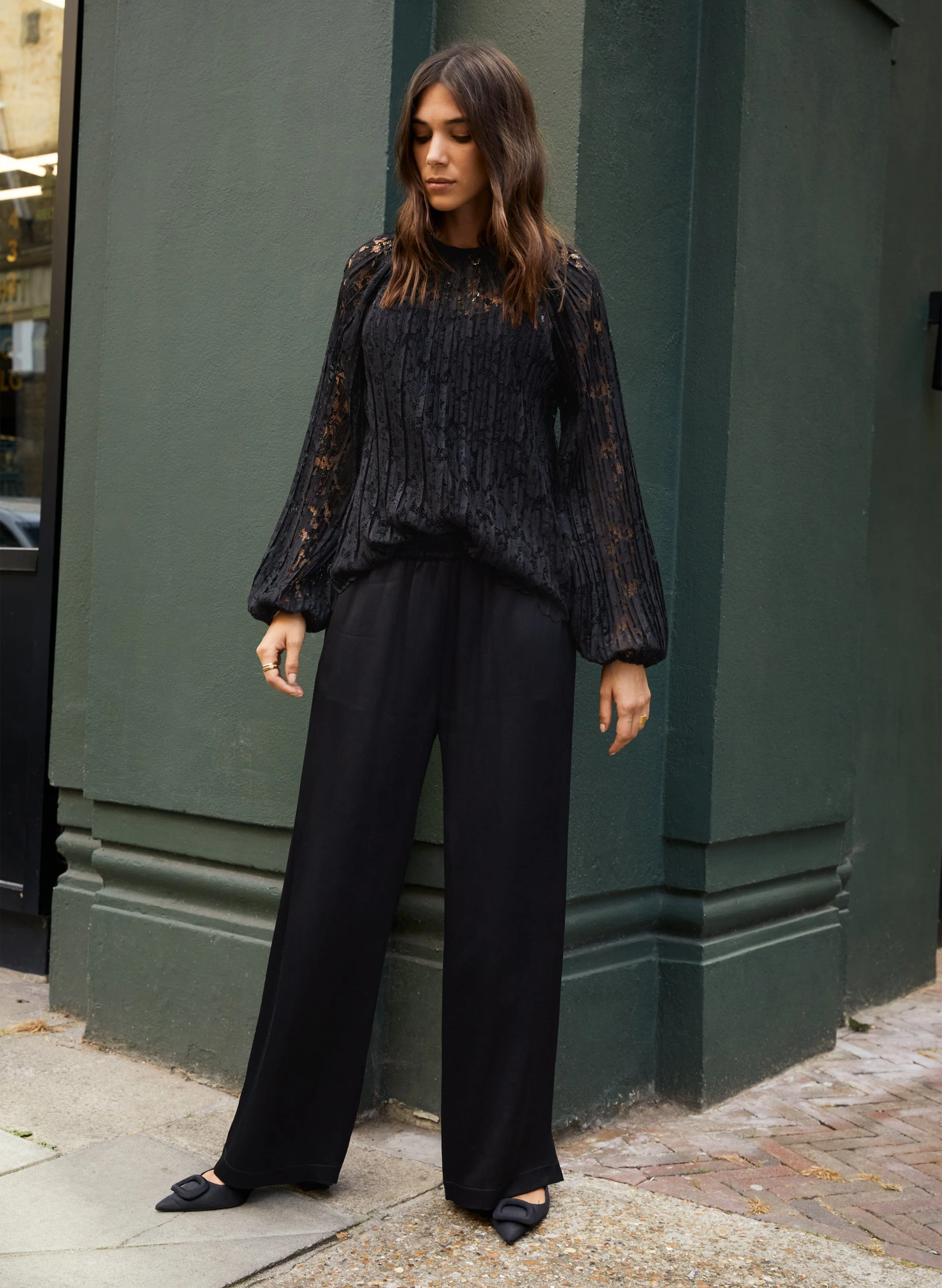 Coline Recycled Lace Sheer Top | Caviar Black