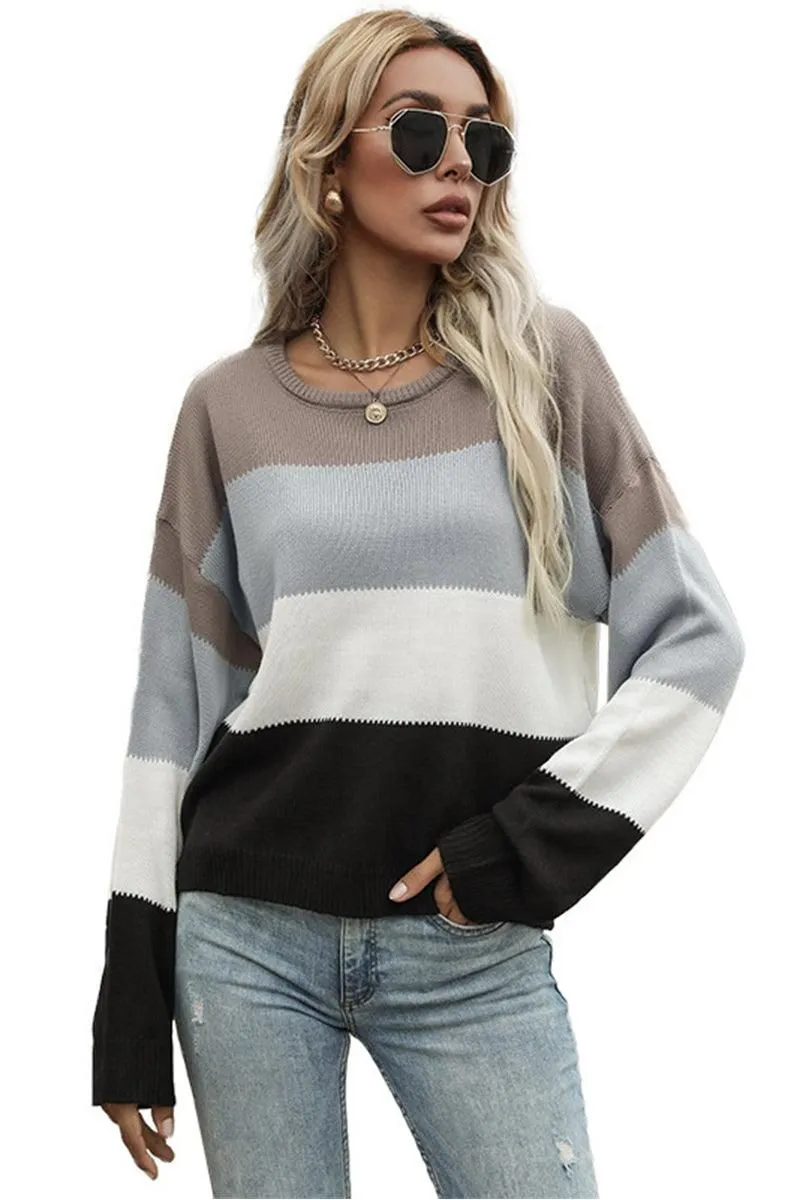 COLOR BLOCK LOOSE FIT CASUAL SWEATER TOP