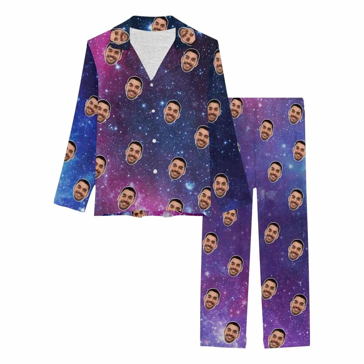 Custom Boyfriend Face Starry Sky Pajamas Personalized Women's Slumber Party Long Pajama Set