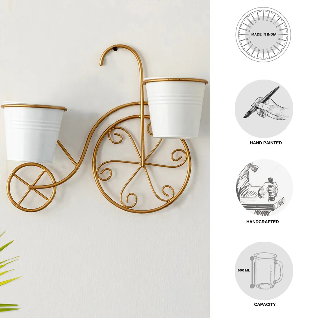 'Cycle' Wall Planter Pots In Galvanized Iron (12 Inch, Brass Finish)