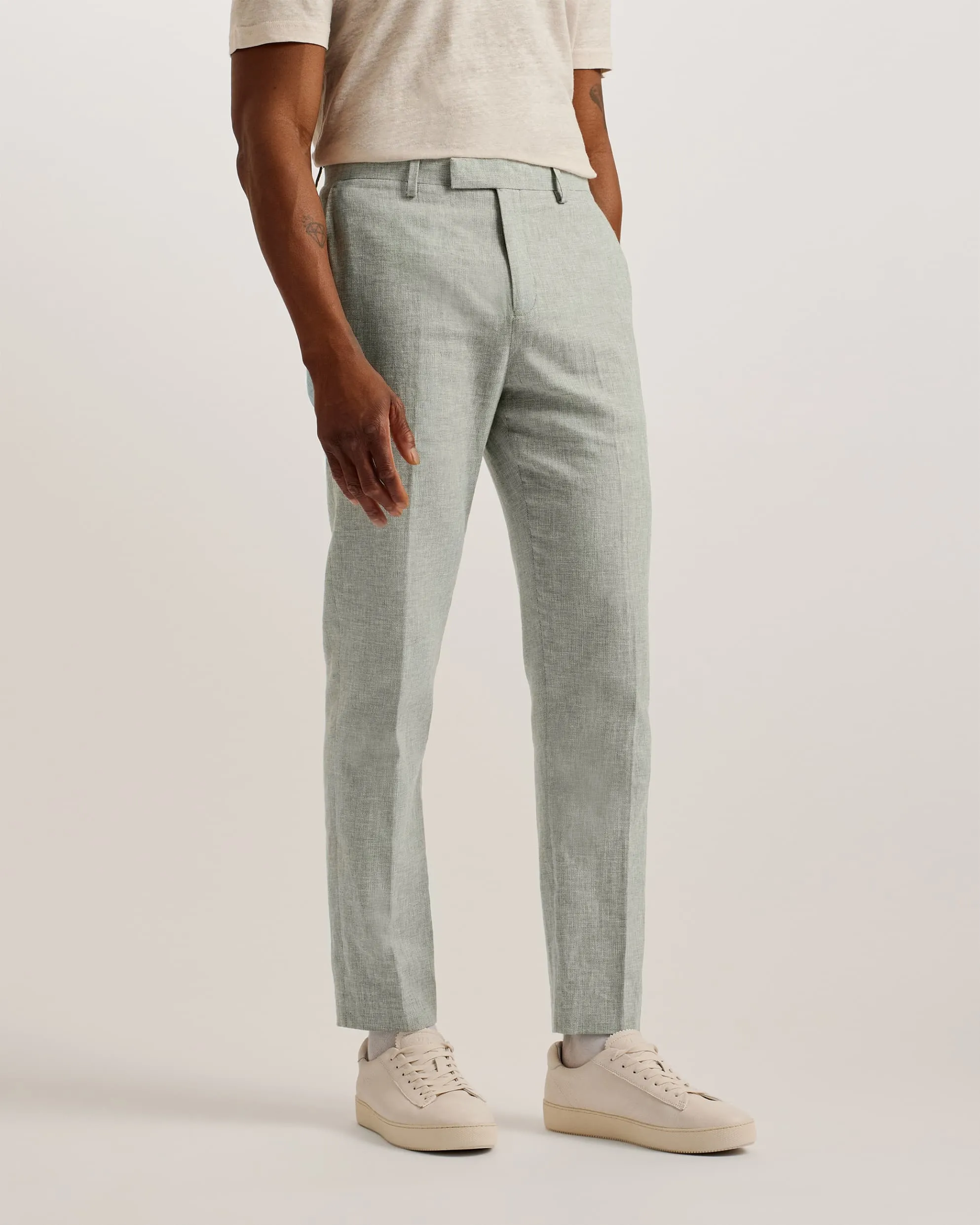 Damaskt Slim Fit Linen Tailored Trousers Olive