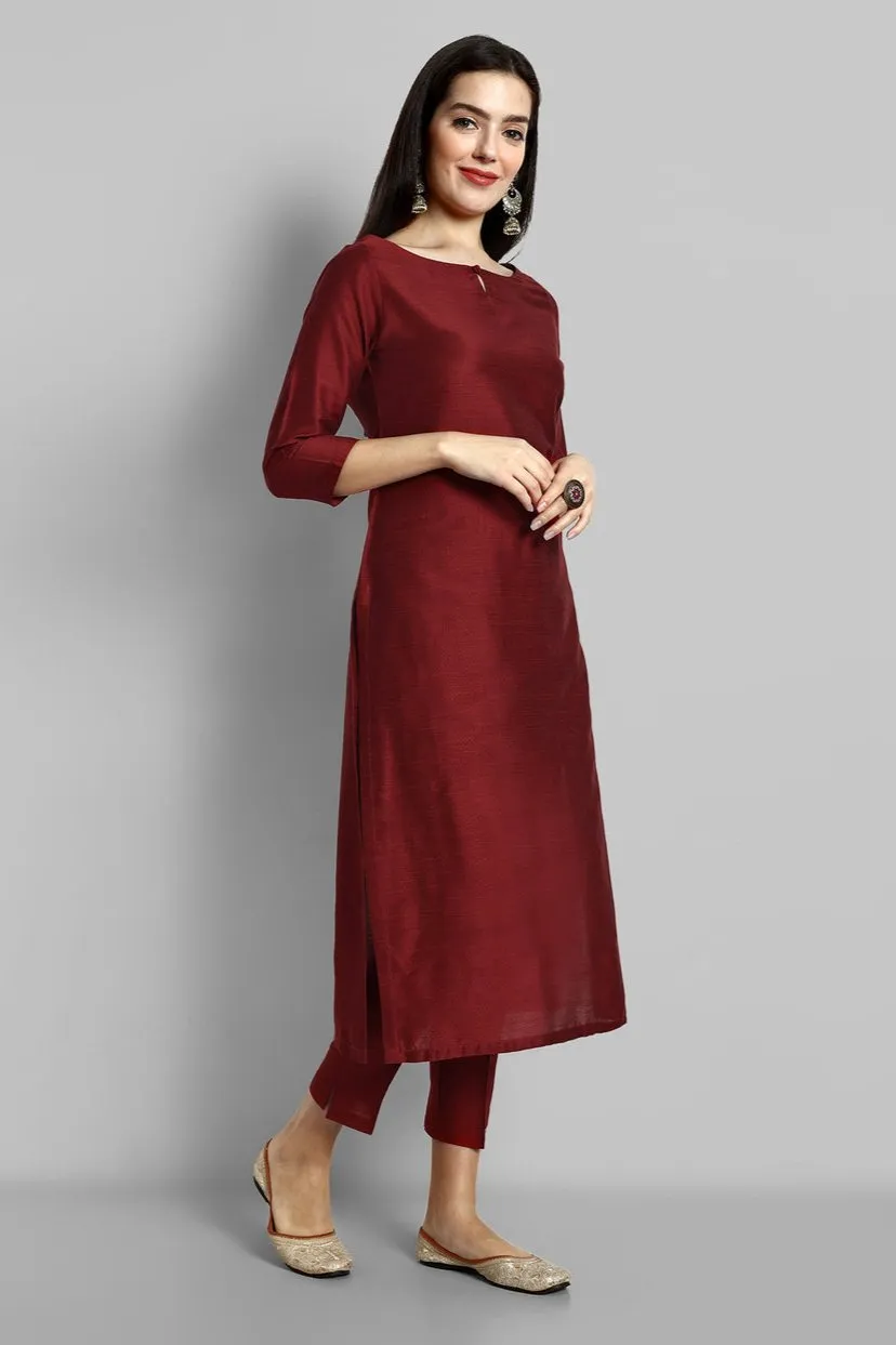 Deep Red Key hole Boat Neck Kurta