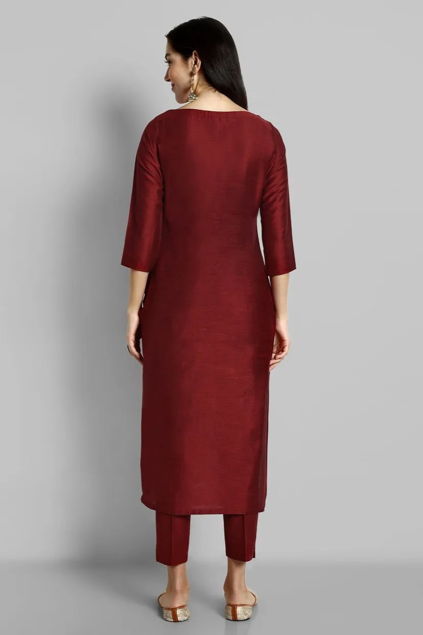 Deep Red Key hole Boat Neck Kurta