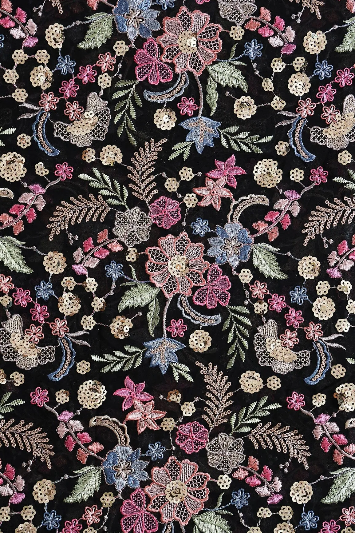 Delightful Pastel Thread With Gold Sequins Heavy Floral Embroidery On Black Viscose Georgette Fabric