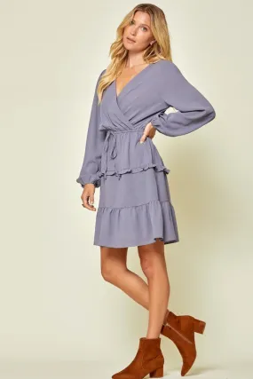 Dusty Blue Surplice Long Sleeve Dress